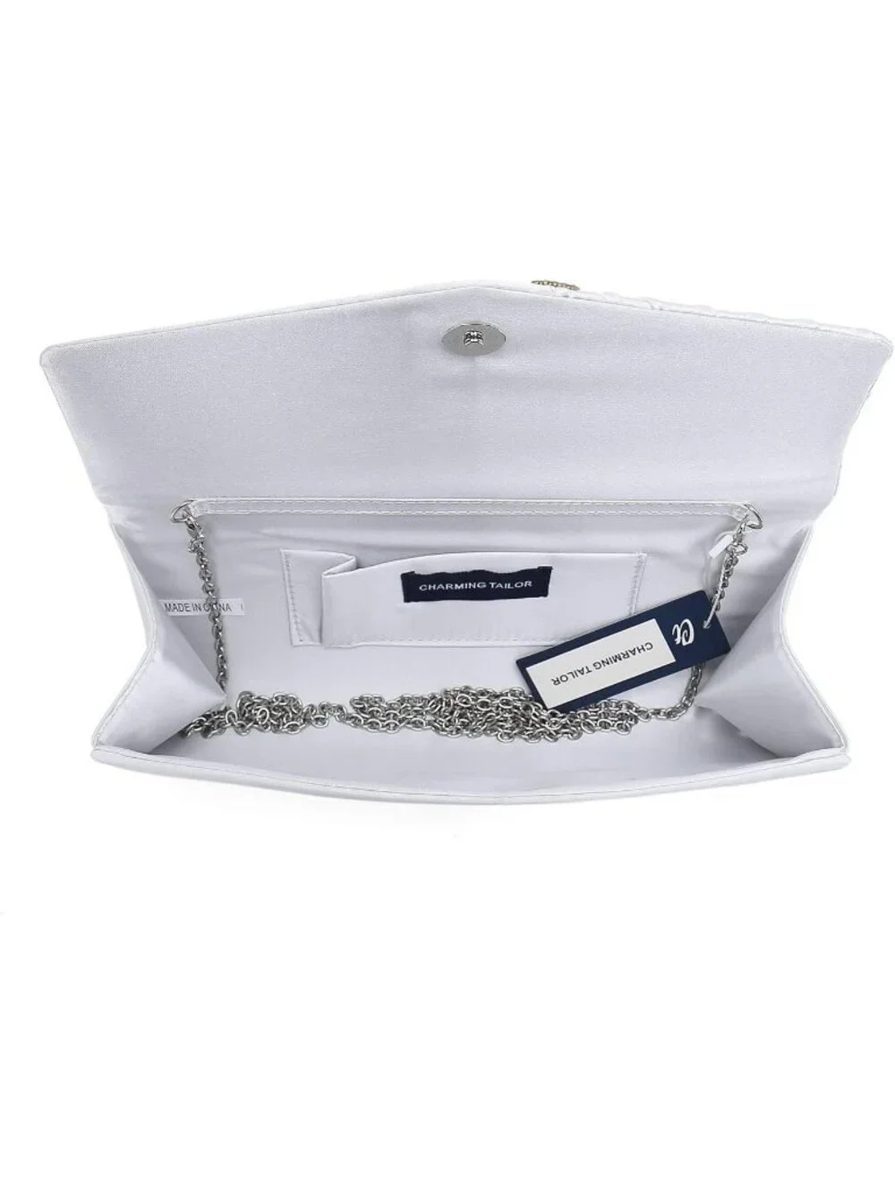 Women's White Crystal Embellished Pleated Satin Clutch Purse For Evening Bag